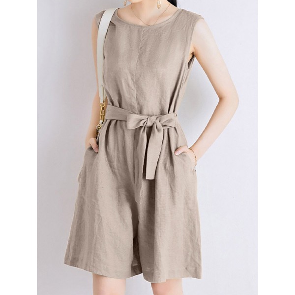 Cotton Solid Sash Pocket Sleeveless Round Neck Zip Casual Romper