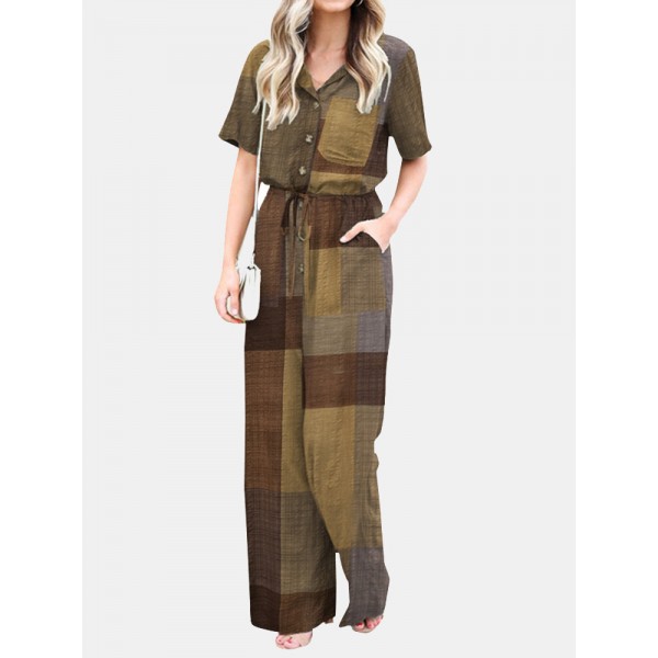 Plaid Button Pocket Drawstring Lapel Casual Jumpsuit