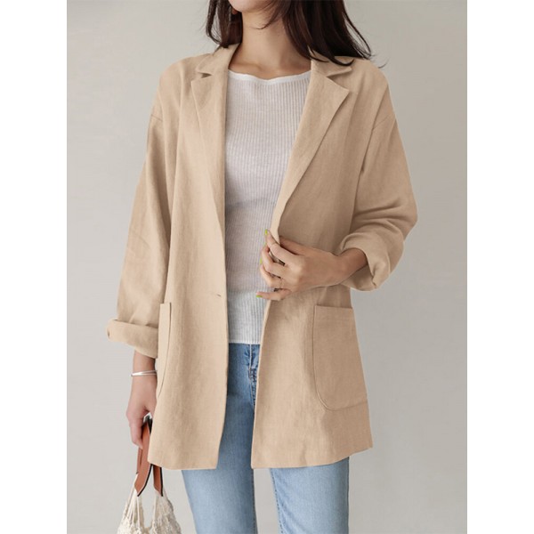 Women Plain Turn-Down Collar Casual Stylish Long Sleeve Blazer With Pockets