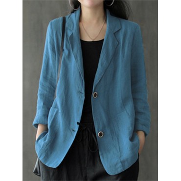 Women 100% Cotton Solid Color Button Front Business Thin All-Match Blazer With Pocket