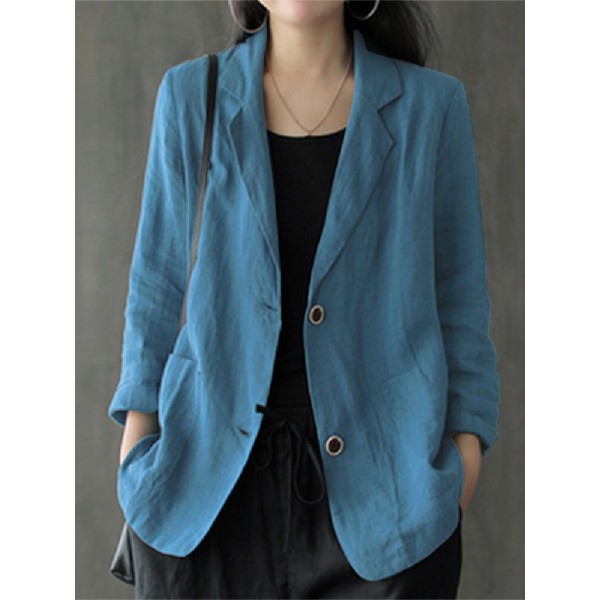 Women 100% Cotton Solid Color Button Front Business Thin All-Match Blazer With Pocket