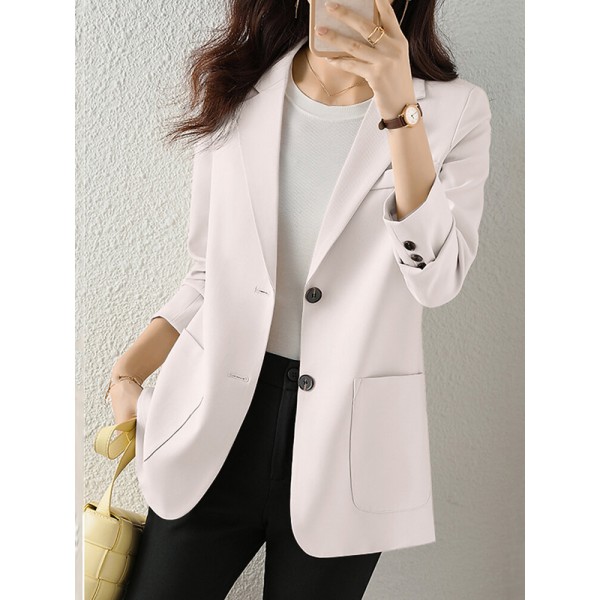 Solid Button Front Pocket Lapel Long Sleeve Blazer