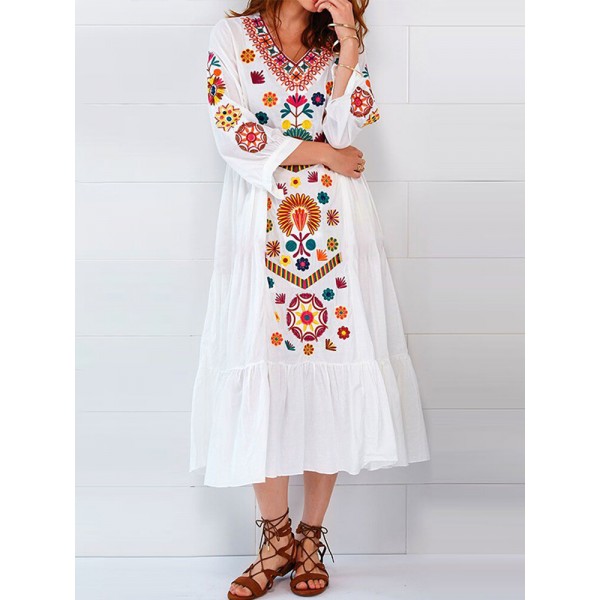 Ethnic Women V-neck Long Sleeve Floral Print Pleated Dress