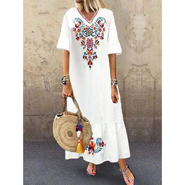 Bohemian Floral Print V-neck Flare Half Sleeve Beach Maxi Dress