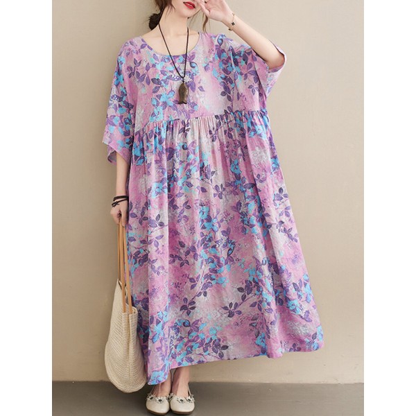Casual Floral Printed Loose Fit O-Neck Maxi Dress For Women