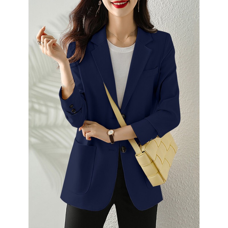 Solid Button Front Pocket Lapel Long Sleeve Blazer Sale - Mskufo ...